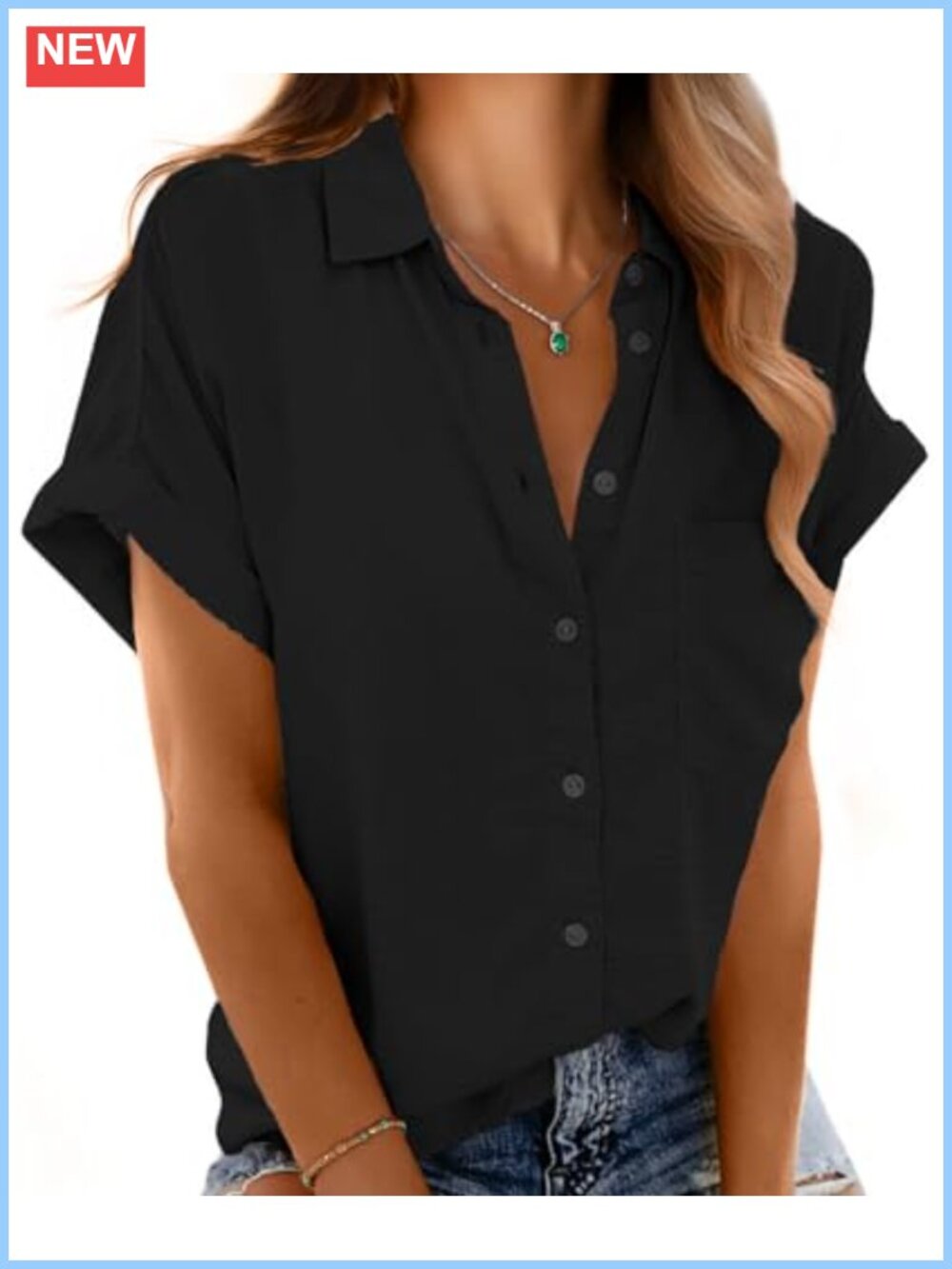 Women's Short Sleeve Button Down Shirt Loose V-Neck with Pocket Casual Summer
